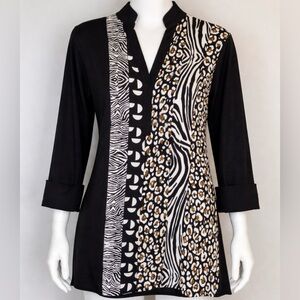 Chico’s No-Iron Tunic Top 1 (8 M) Black Animal Print Mix Zebra Leopard Stretch